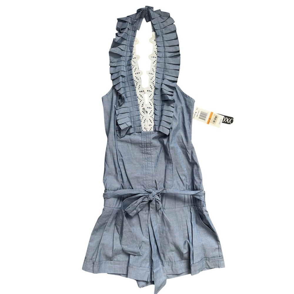 New XOXO Blue Denim Chambray Halter Romper Lace‎ Ruffle Trim Size S
